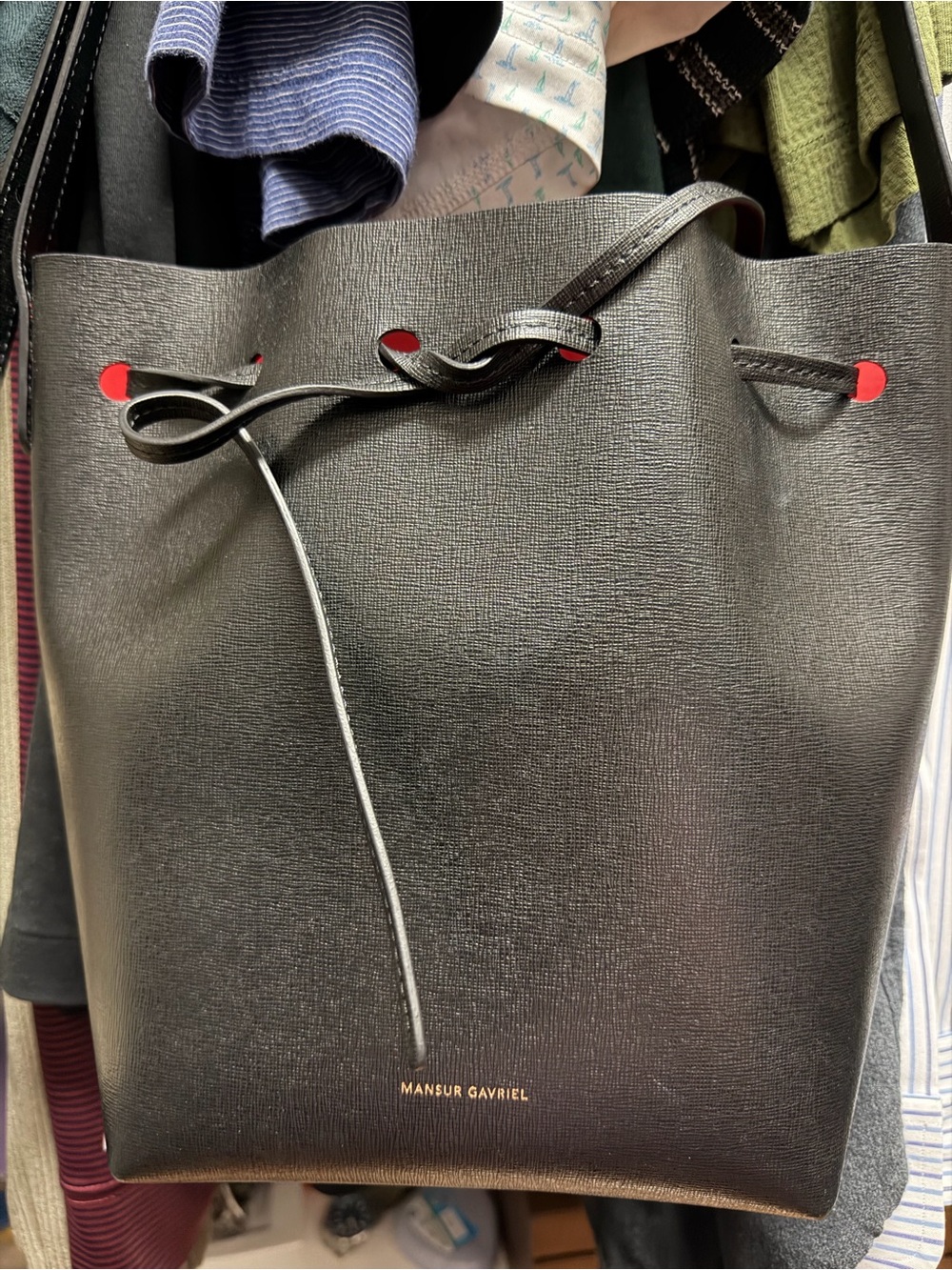 Mansur Gavriel Black Leather Drawstring Bucket Bag with Red Interior - Picture 5 of 7
